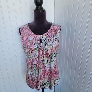 Kasper Pink Green Stretch Dot Graphic Print Blouse Keyhole Sleveless Petite PL